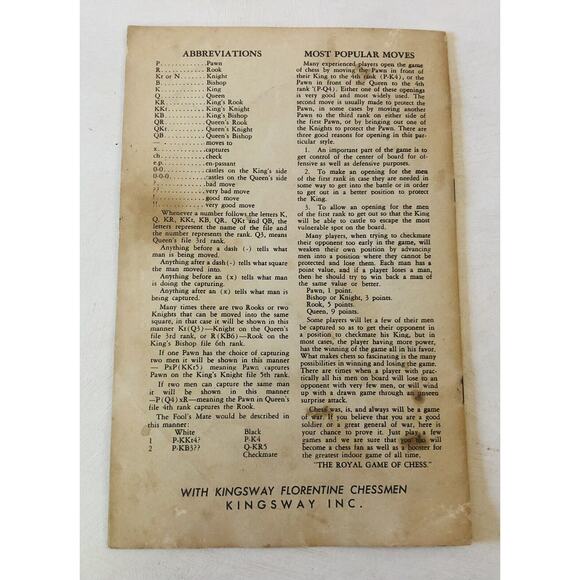 Vintage 1947 Royal Game of Chess Florentine Chessmen Instruction Booklet Only - Picture 7 of 8